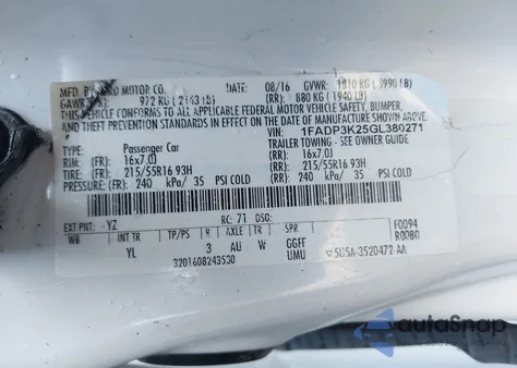 2016 Ford Focus Se from USA, damaged, VIN 1FADP3K25GL380271